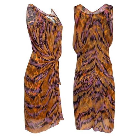 DIANE VON FURSTENBERG 100%Silk Midi Sheath Dress Sleeveless Animal Print Chic L - Picture 10 of 10